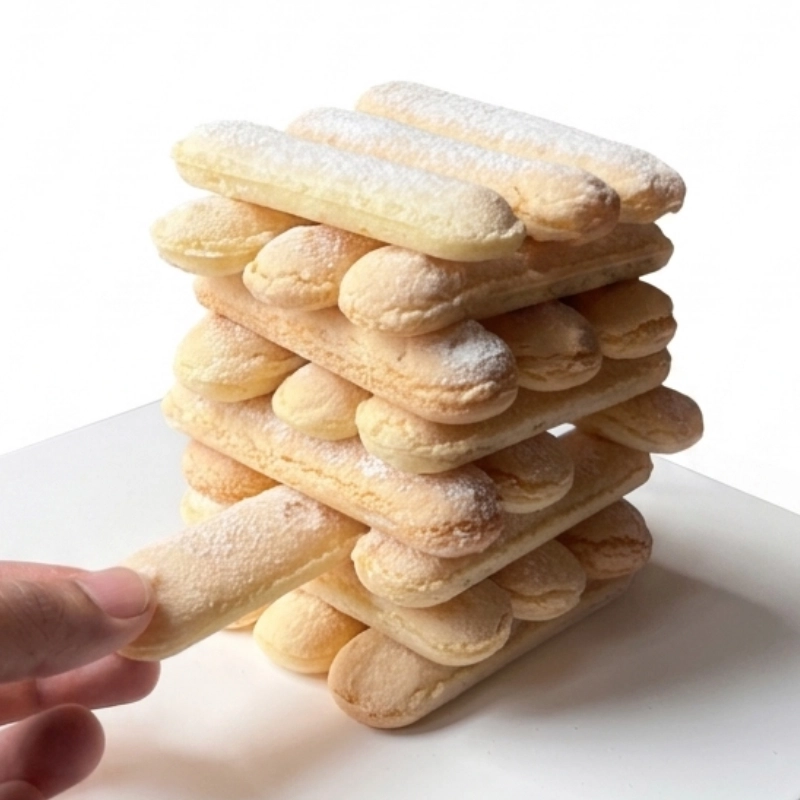 Two Dolcetti Savoiardi ladyfinger biscuits crossed on a white surface