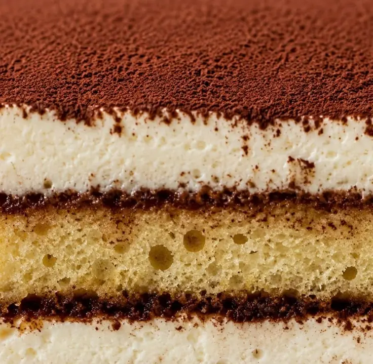 Close-up of layered tiramisu, cocoa dusted top layer