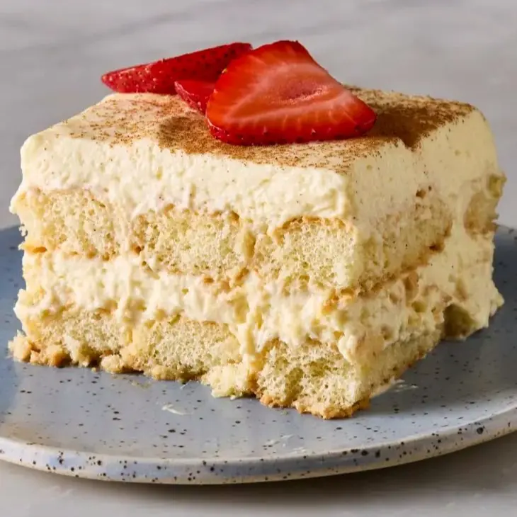 Slice of layered dessert showing whipped cream and ladyfinger layers